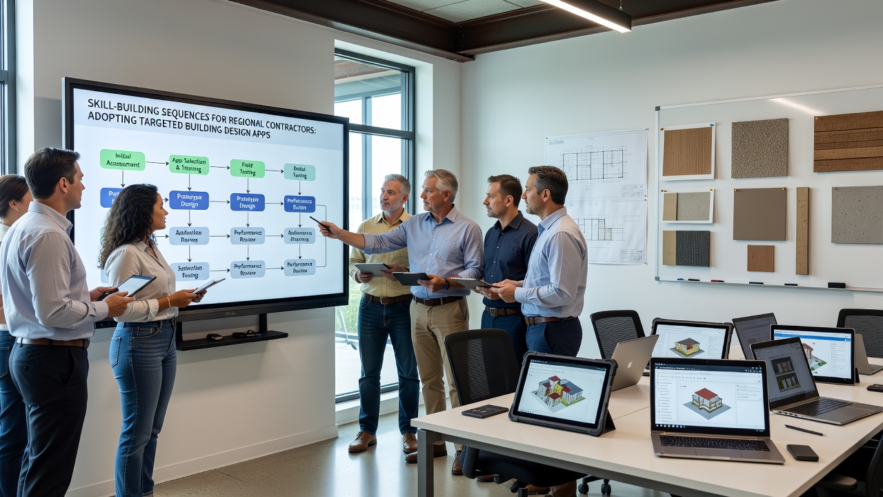 Contractors collaborating on a tablet displaying building design application outputs during an on-site review